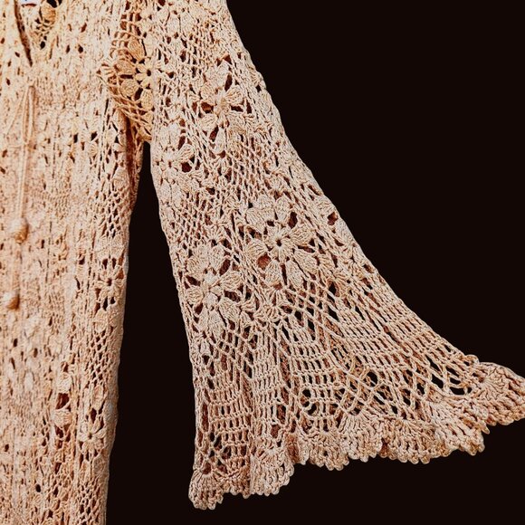 70s Hand Crochet Neutral Beige Maxi Floral Bell Sleeve Boho Volup XL–5X NWOT - Picture 5 of 12